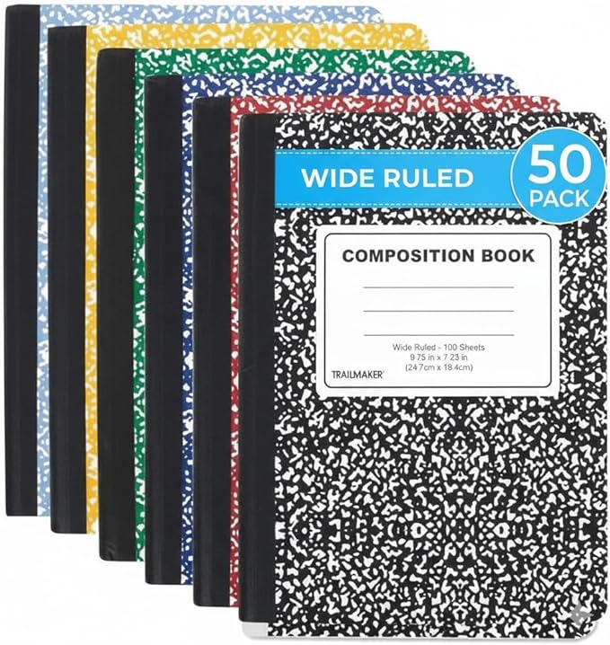 Trail maker Bulk Composition Notebooks Colored (50 Pack), Wide Ruled Marble Cover, 200 Pages (100 Sheets), 9.75 x 7.5, Bulk School Supplies for Classroom, Office & School Donations