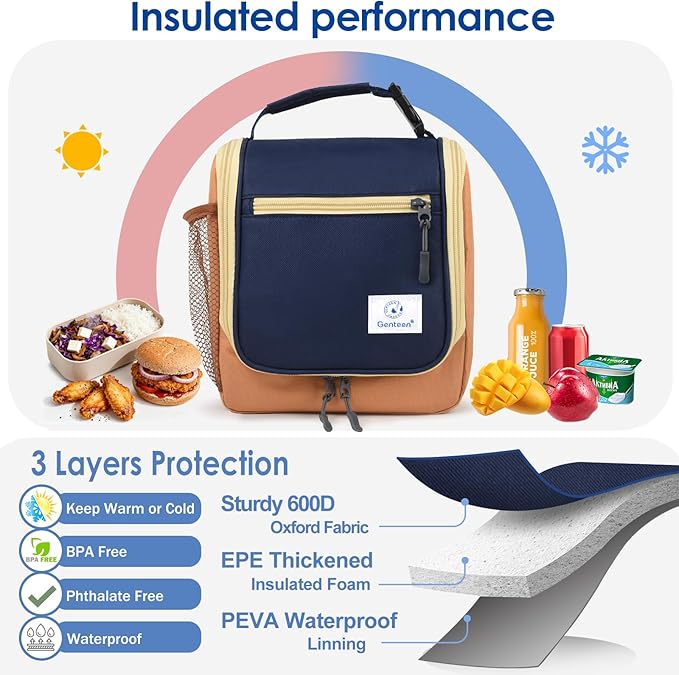 Genteen Kids Lunch Box, Insulated Lunch Bag for Kids, Toddler, Girl, and Boy; Holds Lunch Box, Water Bottle, & Snacks; Easy-Clean Water-Resistant Fabric & Multiple Zippered Pockets (Orange Blue)