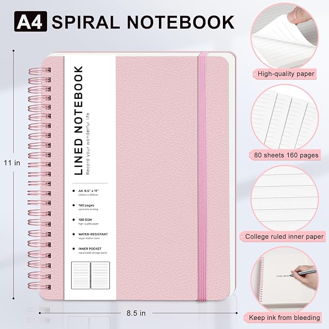 ABERLLS Lined Spiral Journal Notebook with 160 Pages, 8.5×11in, A4 Spiral Notebook, Journaling Notebooks for Work, School, Women, Men, College Ruled Spiral Notebook, Hardcover Leather Journals, Pink