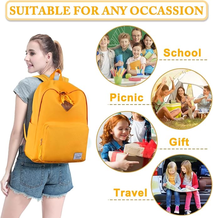 VASCHY School Backpack, Ultra Lightweight Backpack for Women Bookbag for Kids Teen Boys Girls Yellow