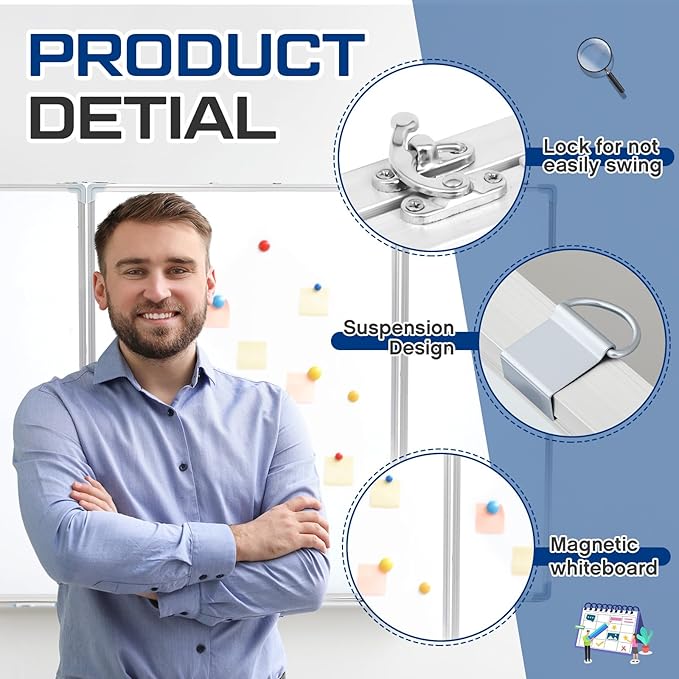 AmazingSpark 60” x 40” Foldable Whiteboard Dry Erase Board Large Tri Folding Whiteboard Magnetic Dry Erase Board, Wall Aluminium Frame and Flip Out Pen Tray for Office, Home