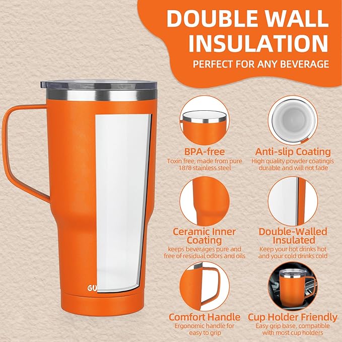 20 oz Insulated Coffee Mug with Ceramic Coating, Stainless Steel Travel Mug Tumbler with Handle Lid and Straw, Double Wall Leak-Proof Coffee Travel Mug Keeps Drink Hot and Cold (Orange)