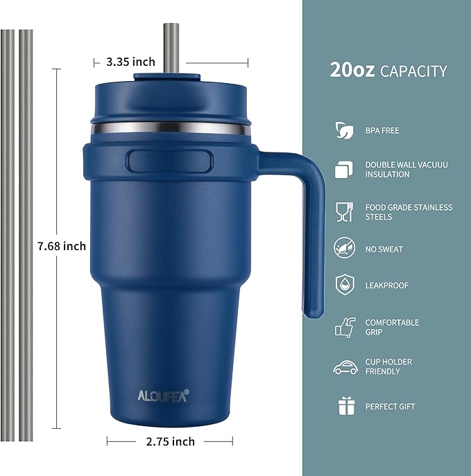 20 oz Insulated Coffee Mug Tumbler with Handle, Stainless Steel Travel Mug Tumbler with Lid and Straw,Double Wall Vacuum Leak Proof Ice Coffee Thermal Cup, Navy/Dark Rainbow