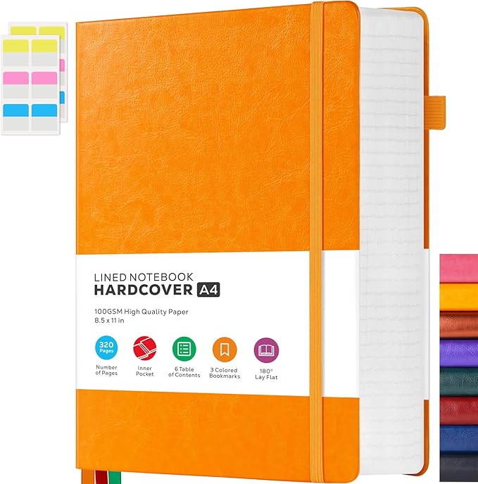 FOCUS DAY A4 Hardcover Notebook, Large 8.5 x 11 Notebook Journals for Writing Note Taking Women & Men, 320 Pages Hardcover Work Notebook Journal Notepad Writing Pads, Orange