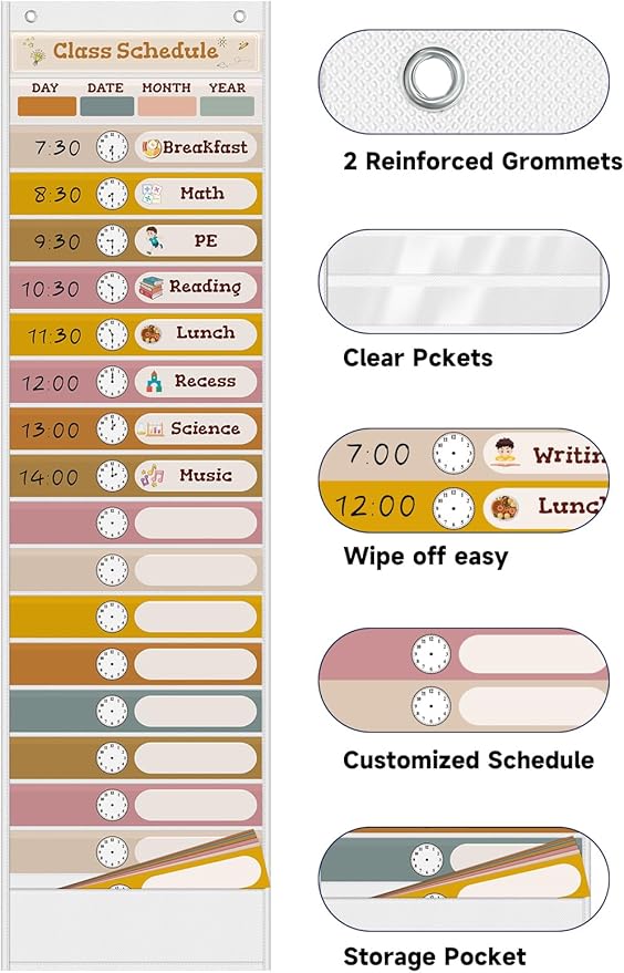 18+1 Pockets Daily Schedule Pocket Chart, Classroom Visual Schedule for Kids with 24 Double Sided Reusable Cards, Classroom Pocket Chart for Office Home Preschool Daily Use, Boho White