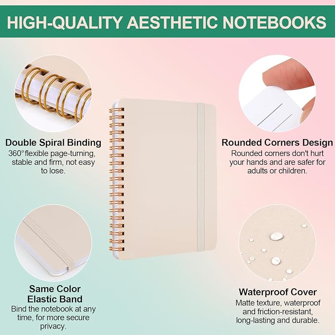 Utron 3 PCS Small Spiral Notebook 5x7, Notebooks for Note Taking, Beige Spiral Journal Notebook, Work Notebook Small Notebooks 5x7 with Strap, Cute Notebooks for Women 70 Sheets/Note Books (Pack of 2)
