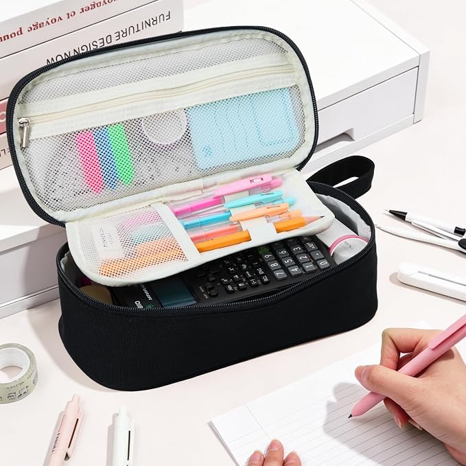 Pencil Case Pouch, Large Capacity Pen Bag Organizer, Cute Aesthetic Pencil Box for Girls Boys Kids, Back to School Supplies, Teacher Supplies Classroom Essentials, Black