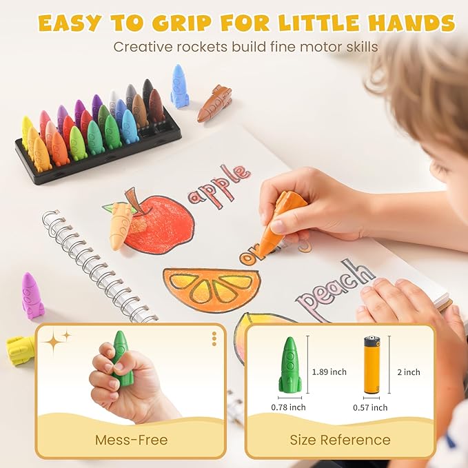 JUPITEARTH 24 Colors Crayons for Toddlers, Non-Toxic Washable Rocket Crayons, Easy-to-Hold Coloring Gifts & Mess-Free Art Supplies for Little Hands