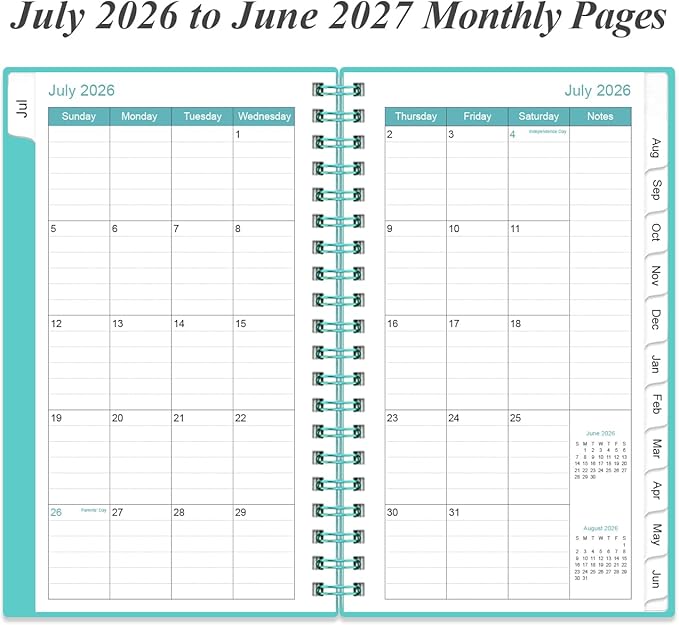 2026-2027 Pocket Planner/Calendar - 2026-2027 Planner from July 2026 - June 2027, Planner 26-27 with 12 Tabs, Twin-Wire Binding, Inner Pocket, 3.75" x 6.75, Teal