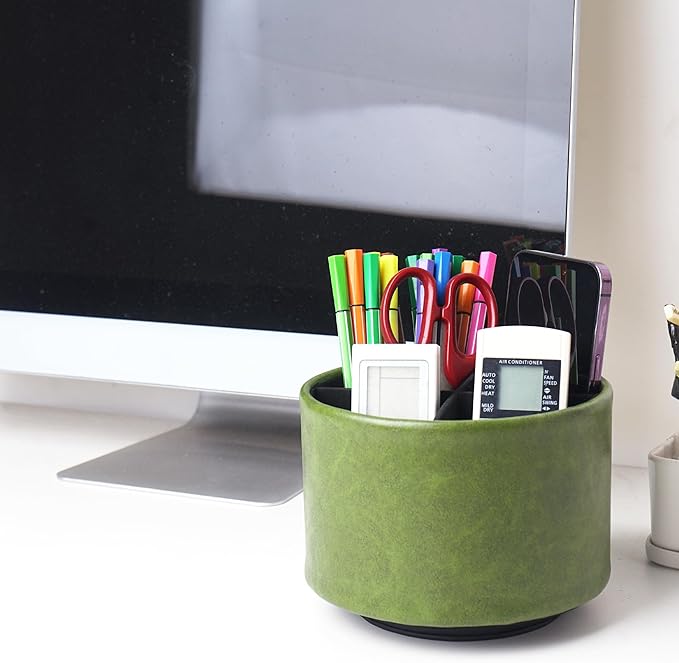 Round Leather Art Supply Organizer,Remote Control Holder,360 Degree Spinning,Multi-Functional Pencil Holder,4 Compartments Desktop Stationary Organizer(1-Oil Bamboo)
