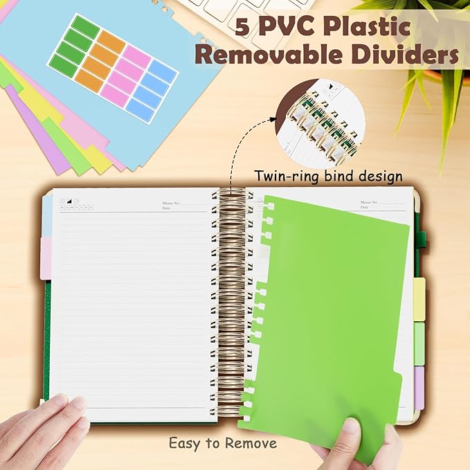 Hardcover Spiral Notebook, A5 Journal with Removable Dividers Tabs, 5 Subject Notebook College Ruled, 320 Pages 6"x8" Leather Notebooks for Work School Study, Lined Journal for Women, Drak Green