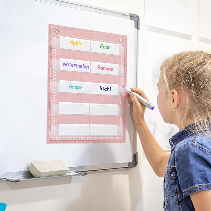 Gueevin 6 Set Magnetic Pocket Chart with 5 Clear Pockets and 30 Dry Erase Cards Painted Classroom Schedule Pocket Chart for Whiteboard Class Demonstrations(Vintage Color,Stripes Pattern)