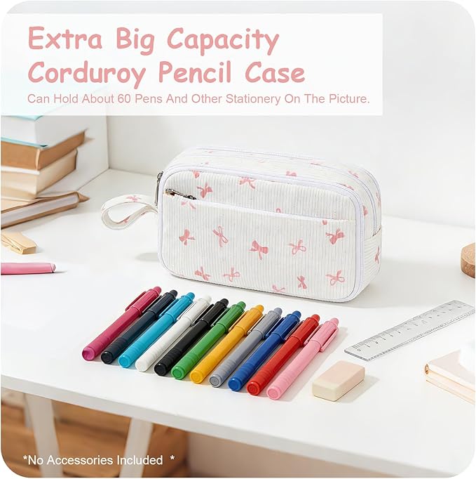 BuyCard Large Capacity Cute Pencil Case, Aesthetic Pen Pouch, White with Pink Bow Pattern Pencil Bag, Kawaii Stationery Storage and Organizer, Supplies for Teen and Adult Girls