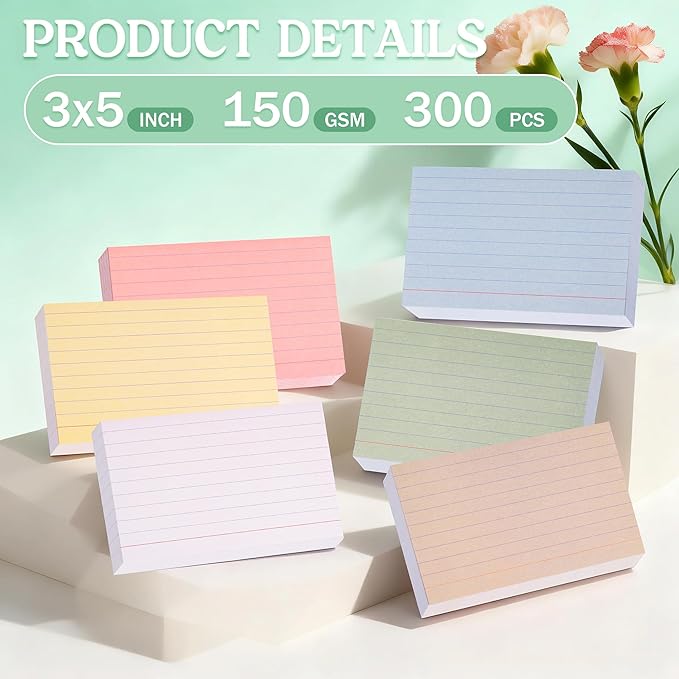 JIANTA Colored Index Cards 3x5 Inch, Flash Cards, Lined Revision Cards, Ruled Index Cards, Vintage Study Cards for Home Office School