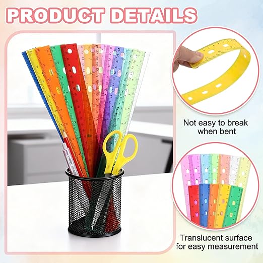 HARFINGTON 5pcs Plastic Rulers 12" (30cm) Clear Straight Ruler Measuring Tool Inches and Centimeters with Hole for Home Office Classrooms Drafting, Yellow