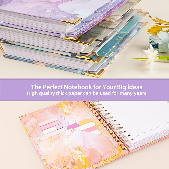 Spiral Notebooks for Work, 240 Pages Lined Spiral Journal Notebook, 5 Subject A5 College Ruled Journals for Writing, 8.6”x6.2''Journaling Notebooks for School Office Supplies(Purple Marble)