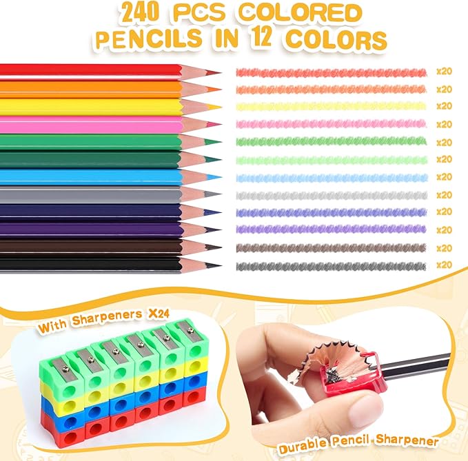 240 Packs Colored Pencils Bulk Classroom, Colored Pencils for Kids 12 Assorted Colors, Coloring Pencil Set Plus 24 Sharpeners, Pre-sharpened Color Pencils, Back to School Supplies Bulk for Teachers