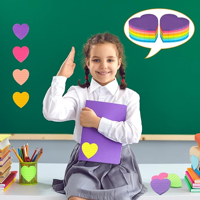 Teling 24 Pack Heart Shape Sticky Notes Heart Lined Sticky Notes Self Adhesive Memo Pads for School Party Exchange Gifts Office Home School 3x3 Inch(Bright Color, Classic)
