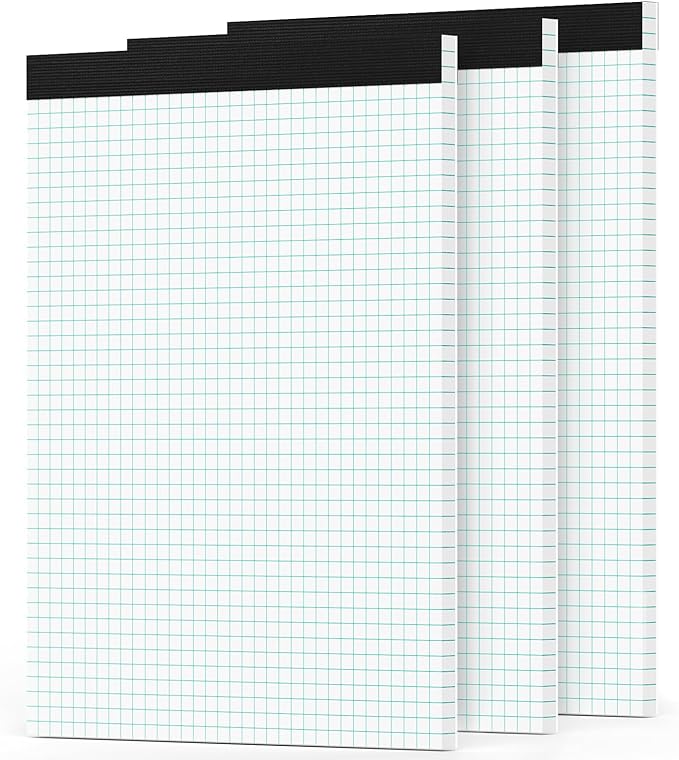 Zaviko 3 Pack Graph Paper Pads 8.5 x 11, 4x4 Quad Ruled Grid Paper Pads 8.5 x 11, 30 Sheets/Pad Graph Paper Notebook 8.5x11, White Quadrille Pad, Easy Tears Off, 70 GSM Graft Paper for Office, School