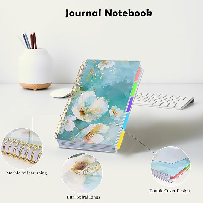 5 Subject Notebook College Ruled, A5 Spiral Notebook with Removable Pocket Dividers Tabs, Lined Organizer Notebook Journal for Women, 240 Pages Notebooks for Work School Note Taking, Green Floral