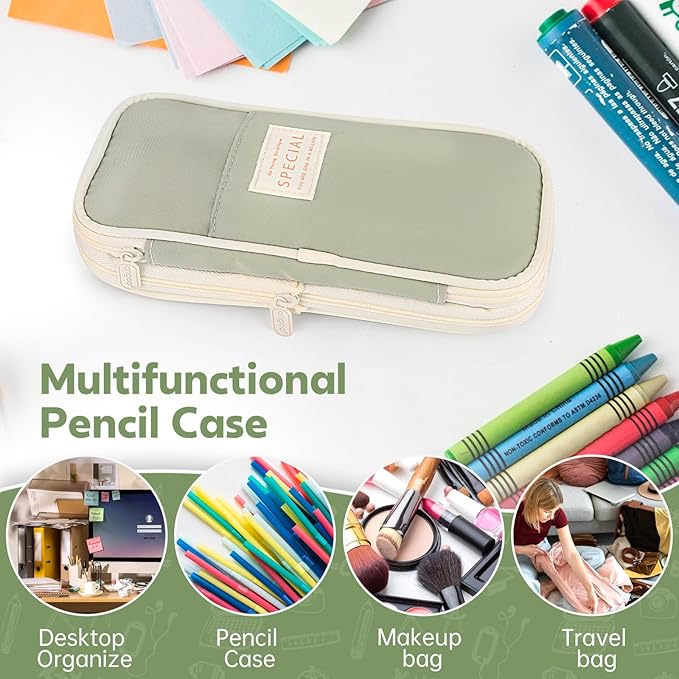 PUPTILY Pencil Case, Large Capacity Aesthetic Pencil Cases with Durable Zipper, Big Stationery Pencil Pouch for Women & Men, Adults Portable Storage Organizer Bag for College, Office, Travel (Green)