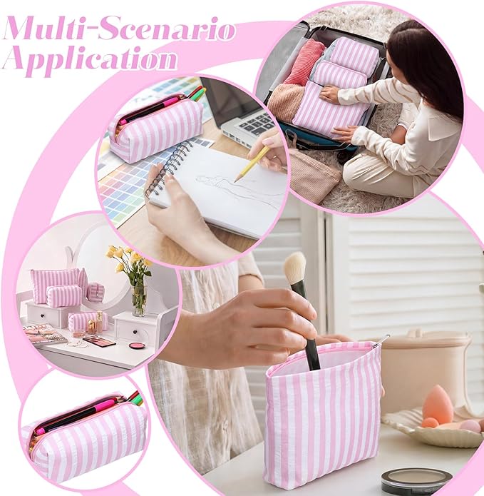 Huhumy 3 Pcs Makeup Bag Set Cute Cosmetic Pouch for Women Aesthetic Seersucker Travel Toiletry Bag Set Preppy Small Makeup Purse Pouch Wide Stripe Cosmetic Organizer Pencil Case with Zipper(Pink)