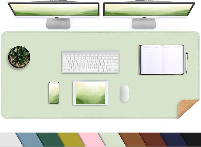 AFIING Leather Desk Pad Protector, Large Desk Mat with Natural Cork & PU Leather, Mouse Pad, Non-Slip, Waterproof Desk Writing Pad for Office and Home, Light Green
