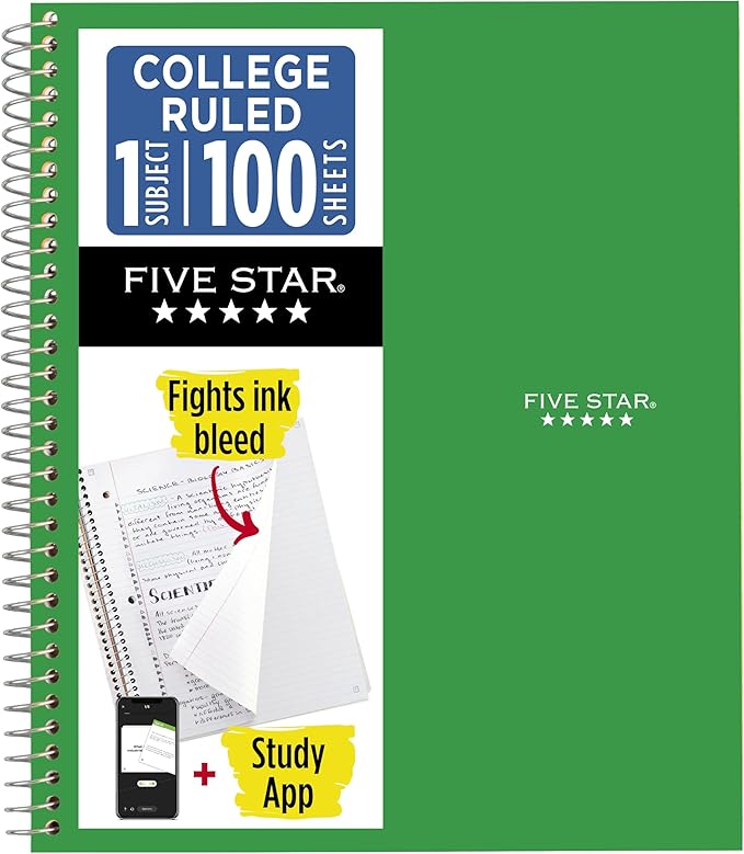 Five Star Spiral Notebook Plus Study App, 1 Subject, College Ruled Paper, 100 Sheets, 8-1/2" x 11", Forest Green (72055)