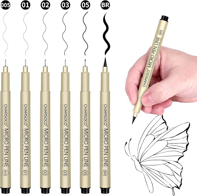 Black Micro Pens, 6 Sizes in 0.23mm - 2mm, Waterproof Archival Ink, Fine Point Pen for Artist Illustration, Sketching, Anime, Manga and Technical Drawing