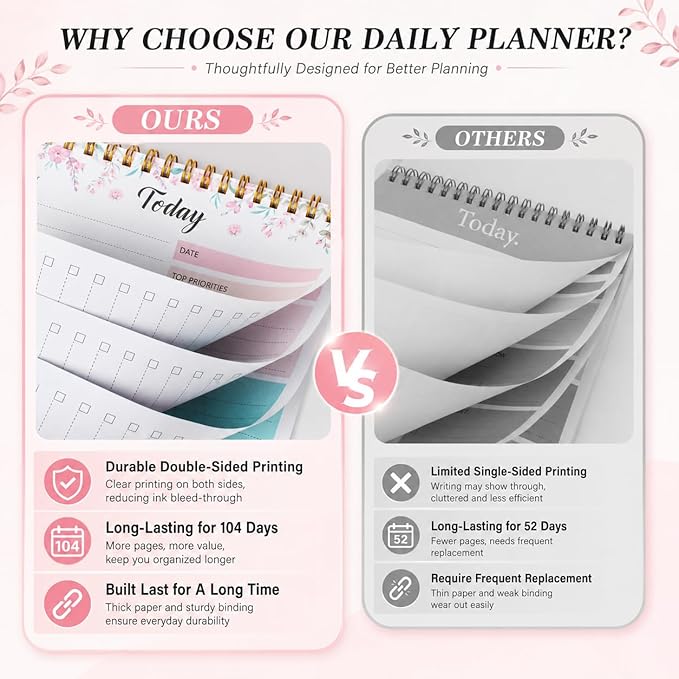 To Do List Notepad - Daily Planner Notepad 104 Pages Task Planner, 6.7" x 9.8" Double Sided Spiral Notebook with Checklist Productivity Planning Pad for Work Office Home-Pink