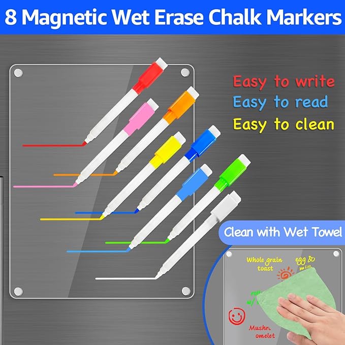 PigPotParty Clear Acrylic Magnetic Whiteboard for Fridge, 1 Pack 9.5"x12" Dry Erase Board Blank Memo to Do Shopping/Grocery List Meal Planner Chore Chart for Adult Teens Kids, w/ 8 Markers & 1 Towel
