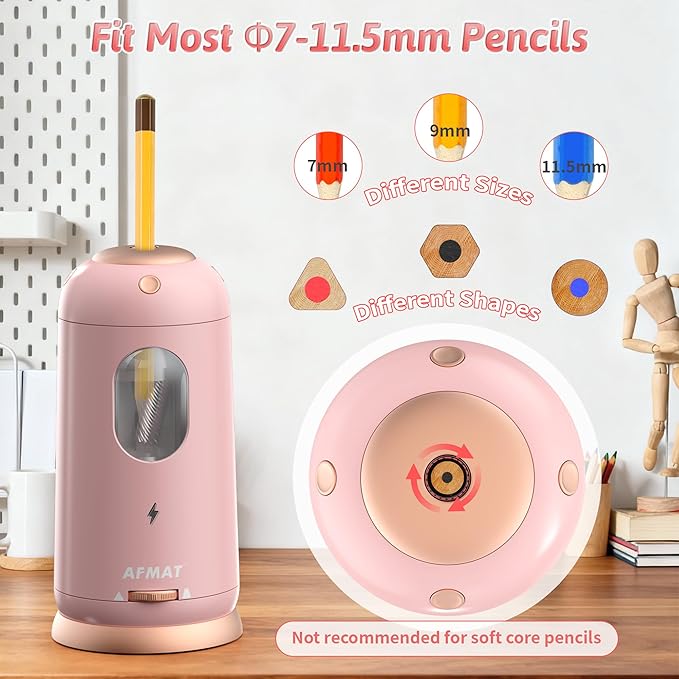 AFMAT Electric Pencil Sharpener, Auto in & Out, Fully Automatic Pencil Sharpener, Rechargeable Hands-Free Sharpeners for Jumbo & Colored Pencils (7-11.5mm), Good for Classroom/Home PSC8(Light Pink)