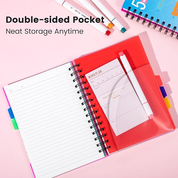 CAGIE 5 Subject Notebook 2 Pack, A5 Small Spiral Notebook with Removable Pocket Dividers Tabs, 240 Pages Spiral Note Book College Ruled for School Work Note taking, Pink