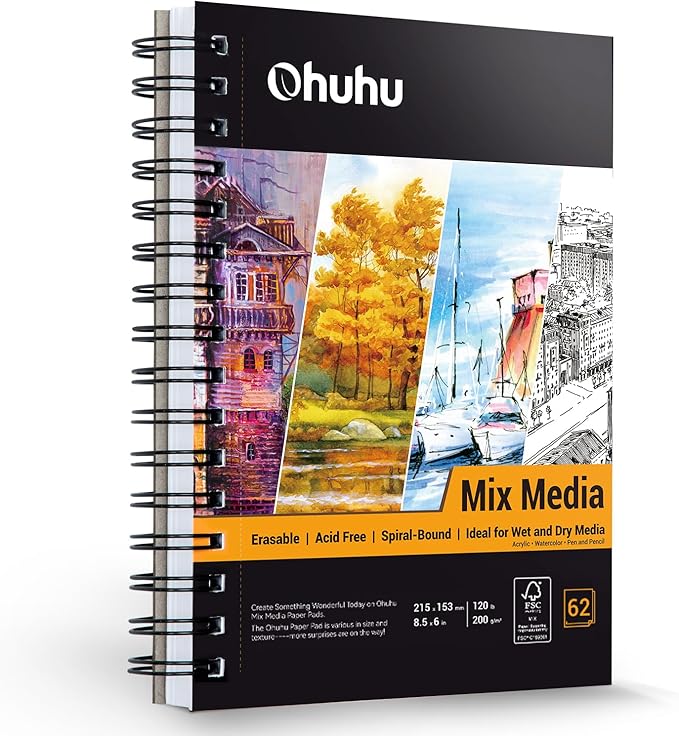 Ohuhu Mix Media Pad, 5.5" x 8.5" Mixed Media Art Sketchbook, 120 lb/200 GSM Heavyweight Papers, 62 Sheets/124 Pages, Spiral Bound Mixed Media Paper Pad for Acrylic, Painting Christmas Gift