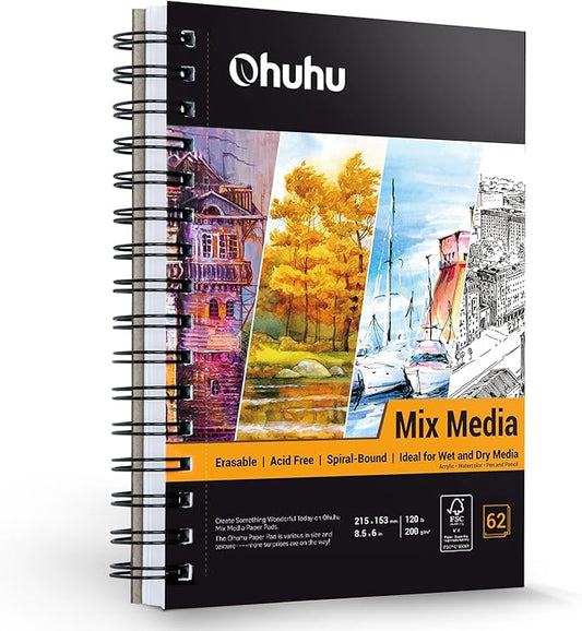 Ohuhu Mix Media Pad, 5.5" x 8.5" Mixed Media Art Sketchbook, 120 lb/200 GSM Heavyweight Papers, 62 Sheets/124 Pages, Spiral Bound Mixed Media Paper Pad for Acrylic, Painting Christmas Gift
