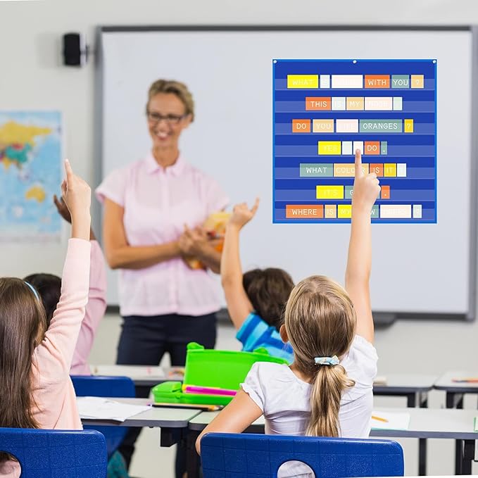 Gilprop 4 Pack 28" x 28" Standard Pocket Chart for Classroom, 7 Clear Calendar Pocket Chart for Homeschool Teaching Supplies for Word, Sentence, Cards, Calendar, Daily Schedule(Blue)