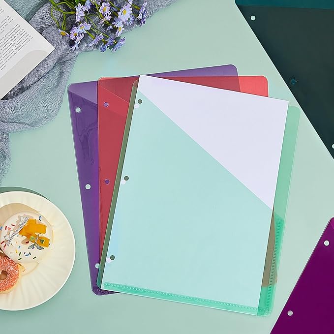 Maitys 5 Pack Binder Pockets 3 Hole Punch Clear Plastic Document Folders Binder Organizer Store Letter Size 8.5 x 11 Inch Paper Folders with Pockets Slash File Jacket for Office (Happy Color)
