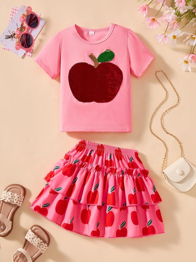 Little Girls Skirt Set - 2 Piece Short Sleeve Top Shirred Tiered Skirt Outfit Girls Spring Summer Clothes 3-8 Years