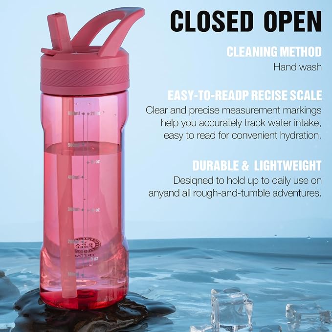 OLDLEY 20oz Kids Water Bottle with Straw, BPA-Free Tritan Water Bottle for School, Leakproof Clear Water Bottle with One Click Open, Measurement Scale, Cup Holder Friendly for Boys Girls,Red