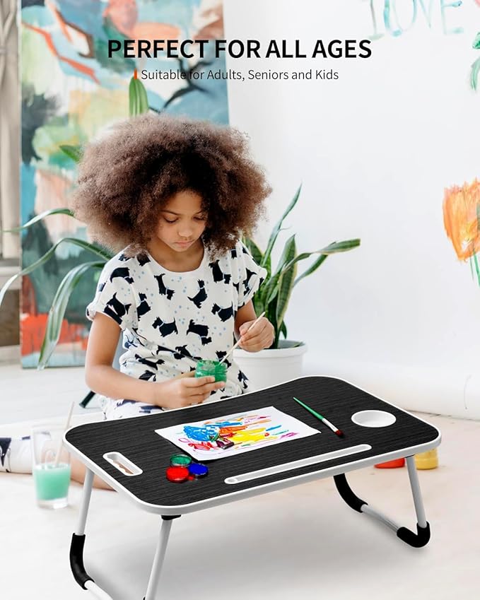 FISYOD Foldable Laptop Table, Portable Lap Desk Bed Table Tray, Laptop Stand with Cup Holder & Tablet Slot & Lifting Handle for Working Writing Drawing & Eating (Black Grain)