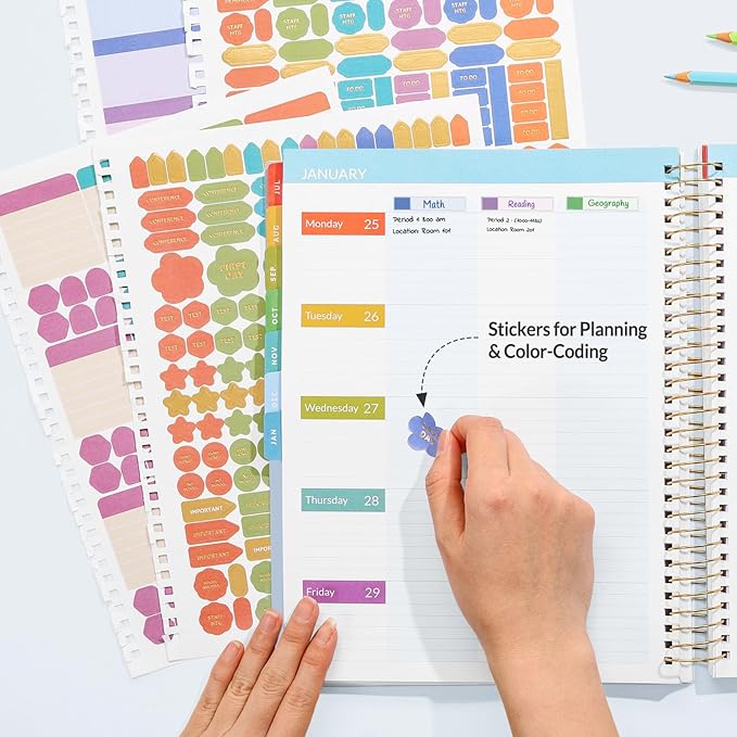 SUNEE Deluxe Teacher Planner 2026-2027, Lesson Planner Book with 7 Periods Jul 2026 - Jun 2027, 8.5" x 11" Daily Weekly and Monthly Organizers with Colorful Tabs, Planning Stickers,120gms Paper, Blue
