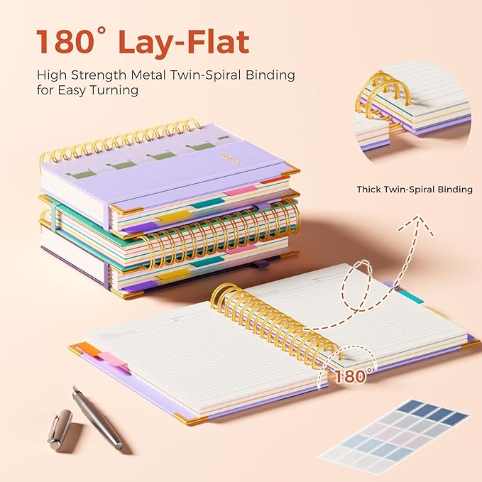 XYark A5 Hardcover Spiral Notebook, 6.3"x8.5" College Ruled Notebooks with Removable Divider Tab & Ruler, 5 Subject Notebook 300 Pages, Small Lined Journal for Women School Work Office, Light Purple
