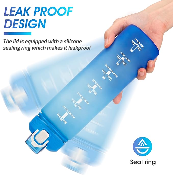 YC Kitchen Motivational Water Bottle with Time Marker- 32oz Water Bottles with Times to Drink, Leakproof & BPA Free Sports Water Bottle with Straw & Carry Strap for Fitness, Gym, and Outdoor Sports