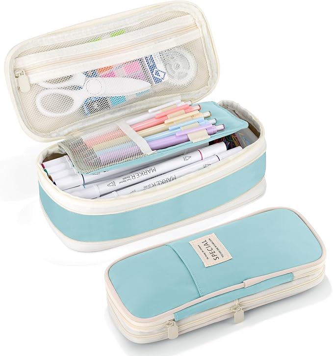 Large Capacity Pencil Case with Zipper, Aesthetic Pencil Pouch, Portable Stationery Organizer Bag for Teen and Adults, Big Pencil Bag for College, Office, Travel - Blue
