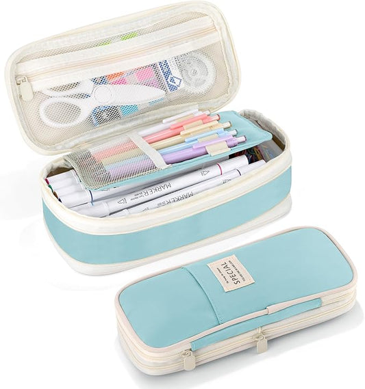 Large Capacity Pencil Case with Zipper, Aesthetic Pencil Pouch, Portable Stationery Organizer Bag for Teen and Adults, Big Pencil Bag for College, Office, Travel - Blue