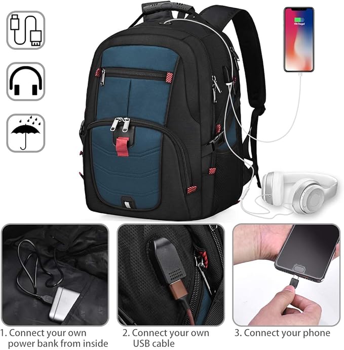 NUBILY Laptop Backpack 17 Inch Waterproof Extra Large TSA Travel Backpack Anti Theft College Business Mens Backpacks with USB Charging Port 17.3 Gaming Computer Backpack for Women Men Blue 35.45L