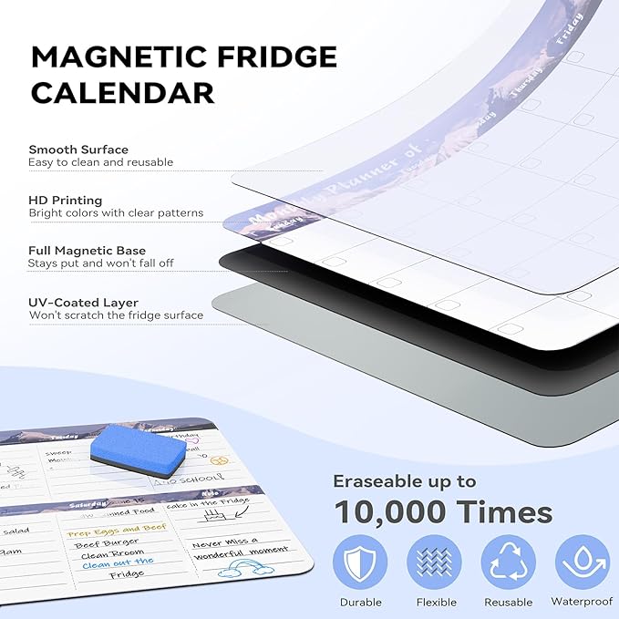 Marsrock Dry Erase Magnetic Calendar for Refrigerator (3 Pack) - Monthly & Weekly & Daily Planner Magnet Whiteboard for Fridge - Shopping, to Do List, Meal/Menu, Planning Board, 14"x11", Grey