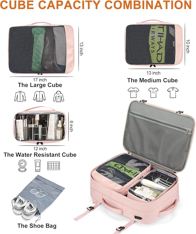 Lumesner Carry on Travel Backpacks, Extra Large 40L Flight Approved Bag for Men & Women,Expandable Suitcase Backpack With 4 Packing Cubes,Water Resistant Luggage Daypack Business Weekender Bag, Pink