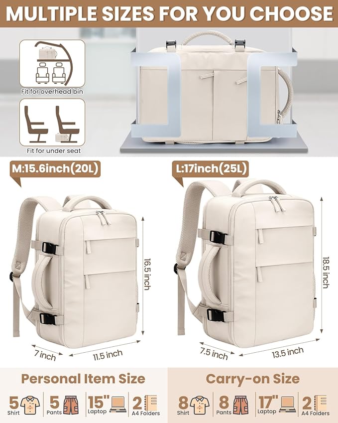 Pritent Travel Backpack for Women Man, Waterproof Laptop Backpack Travel Bag Airline Approved Carry on Weekender Overnight Bag Bookbag for Business,Travel, Work Fits 17.3 inch Laptop(Large,Beige)