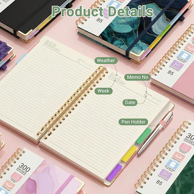 Hardcover Spiral Journal Notebook, 300 Pages 5 Subject Notebook College Ruled with Removable Dividers Tabs, 8" x 10" Notebooks for Work, Spiral Ruled Lined Writing Journal Hardcover Leather Notebook for School (Matcha Green, 8''x 10'')